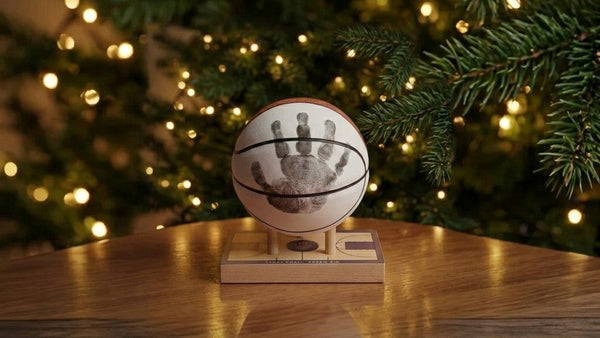 Baby's first Christmas handprint keepsake on a display-quality basketball, mounted on a maple display base.