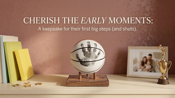 Child's handprint preserved on a display-quality basketball, mounted on a walnut display base, a keepsake gift for a sports-loving grandpa.