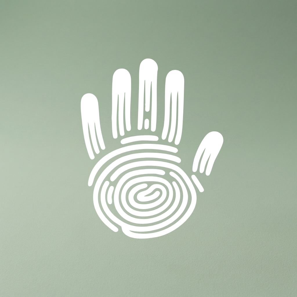White handprint with fingerprint on a light green background