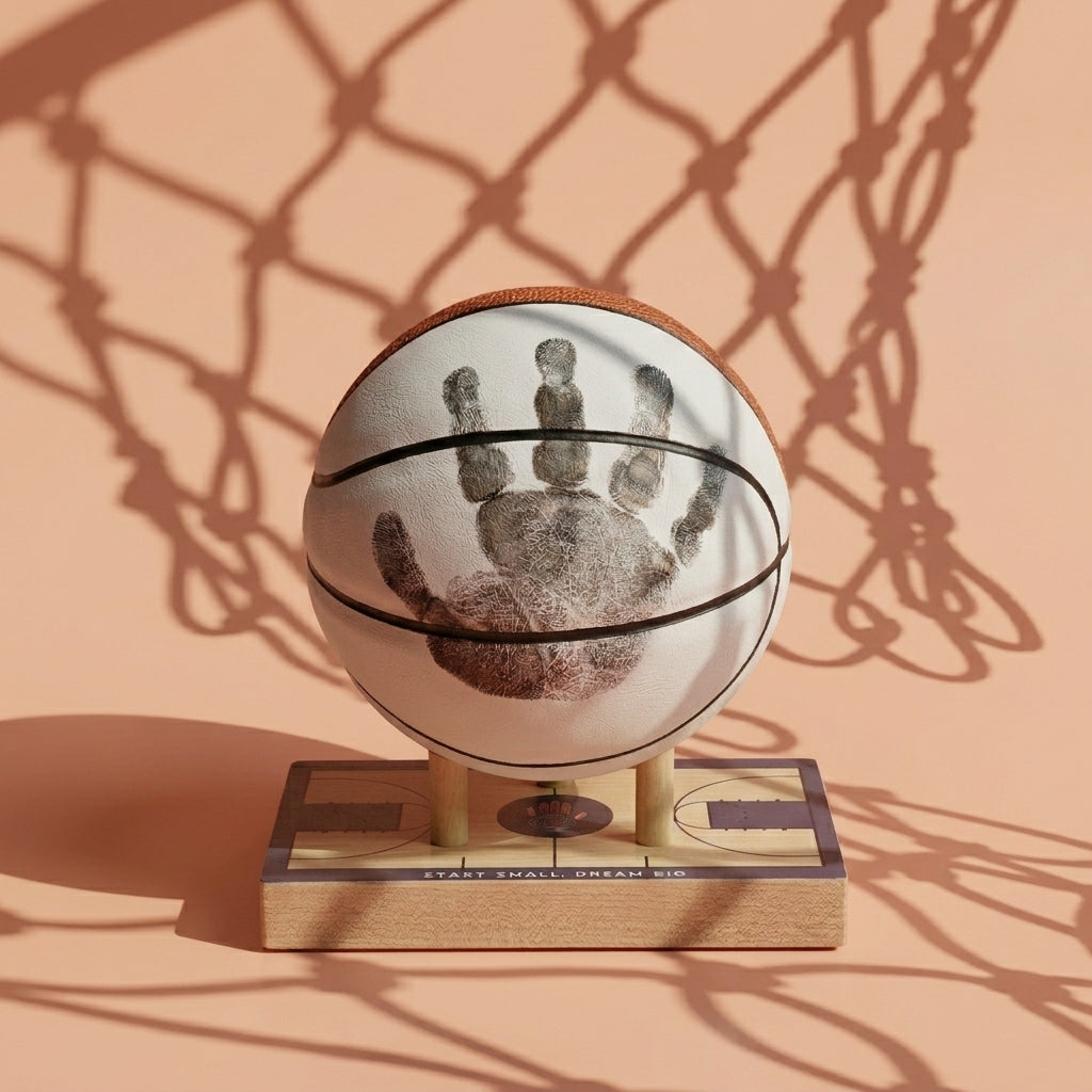 Baby handprint pressed onto display basketball for keepsake kit