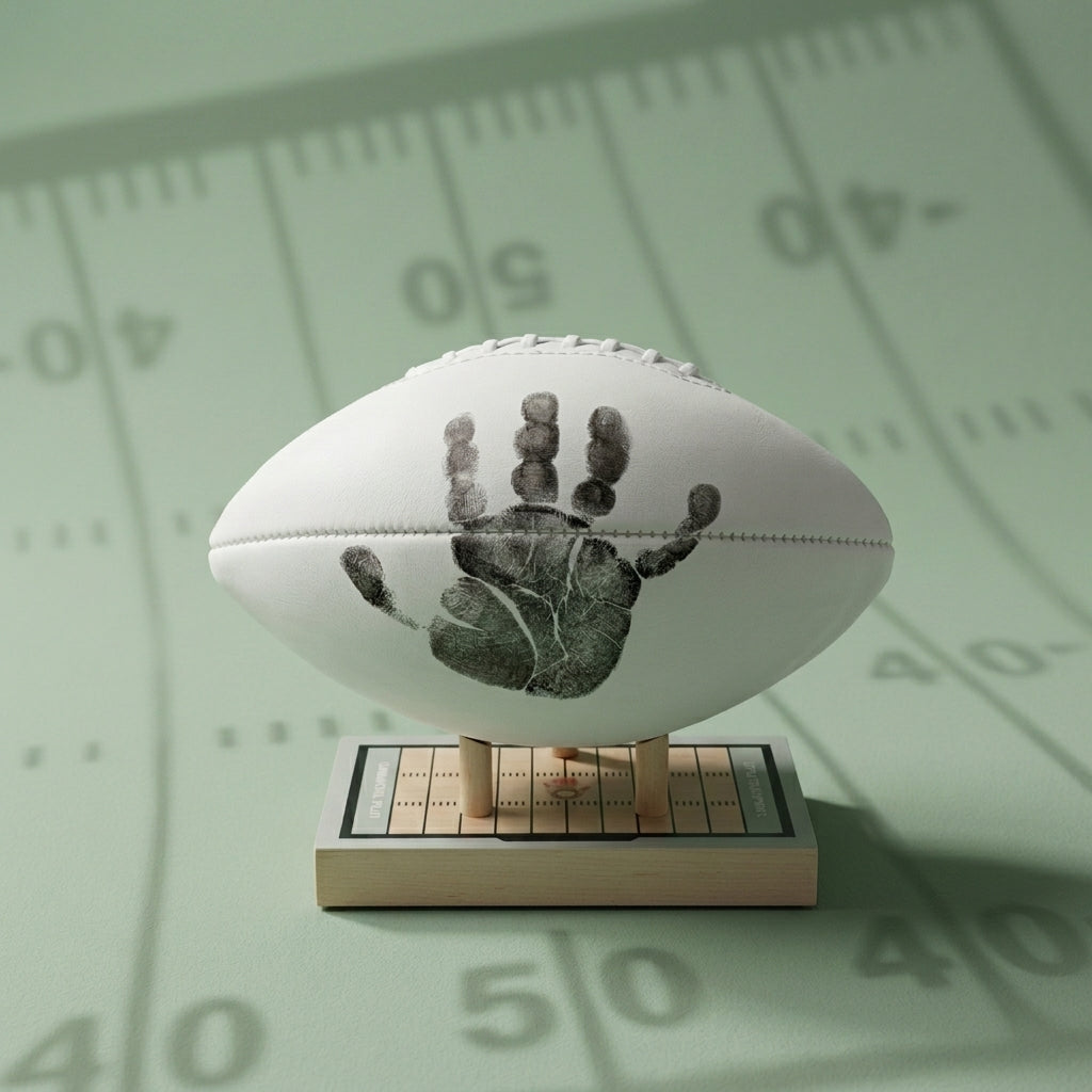 White Little Touchprints football with a handprint on a stand against a green background with yard lines.