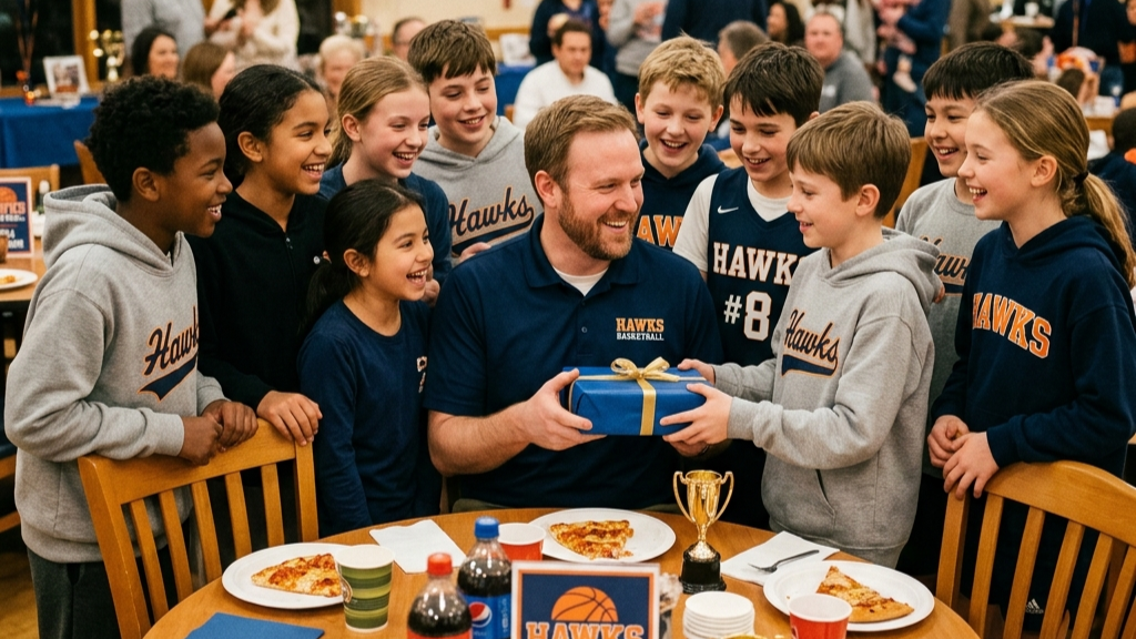 outh basketball coach receiving an end-of-season gift from his team at a banquet