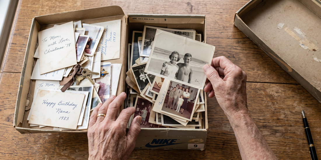 overhead shot of a real shoebox of keepsakes, faded cards and old photos visible, hands lifting one out.