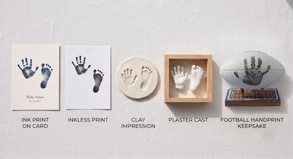 Five baby handprint keepsake methods compared side by side, including an ink print, a clay impression, and a sealed handprint on a display-quality football.