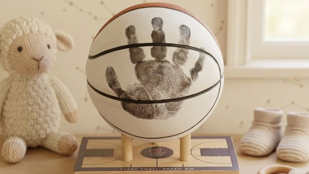 Child's handprint preserved on a display-quality basketball, mounted on a maple display base on a nursery shelf.