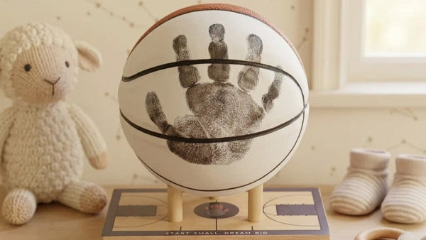 Child's handprint preserved on a display-quality basketball, mounted on a maple display base on a nursery shelf.