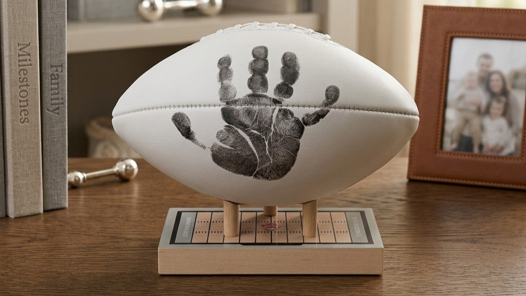 Child's handprint preserved on a display-quality football, mounted on a maple display base