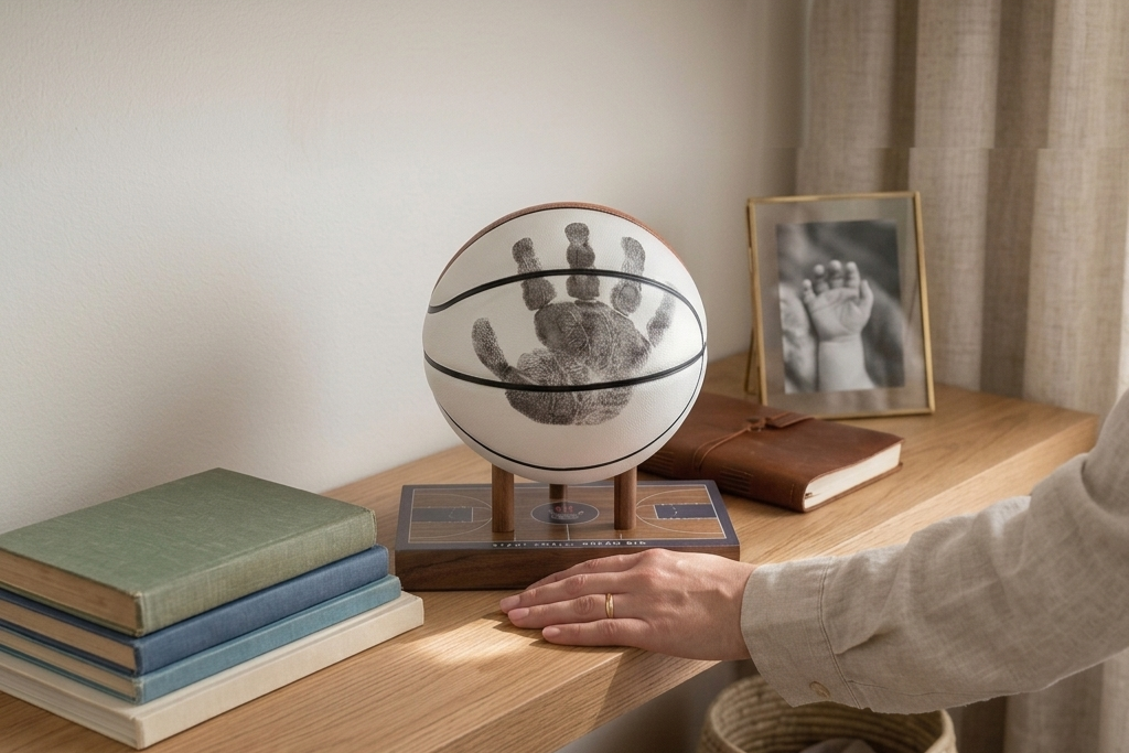 Newborn's hand pressed onto a display-quality basketball keepsake mounted on a walnut base