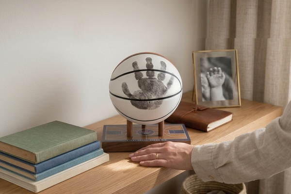 Newborn's hand pressed onto a display-quality basketball keepsake mounted on a walnut base