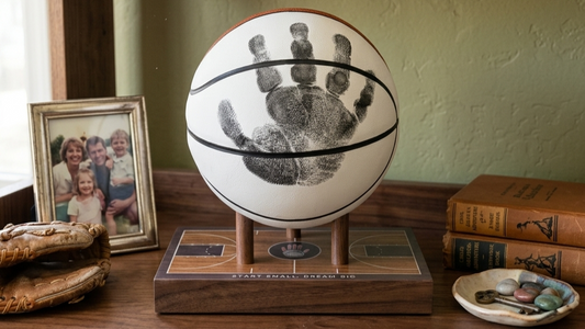 Baby handprint preserved on a display-quality basketball on a walnut display base, sitting on a family shelf