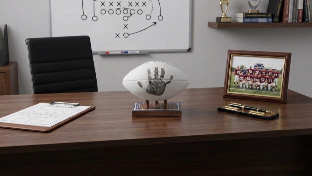 Little Touchprints football sitting on a coach's desk