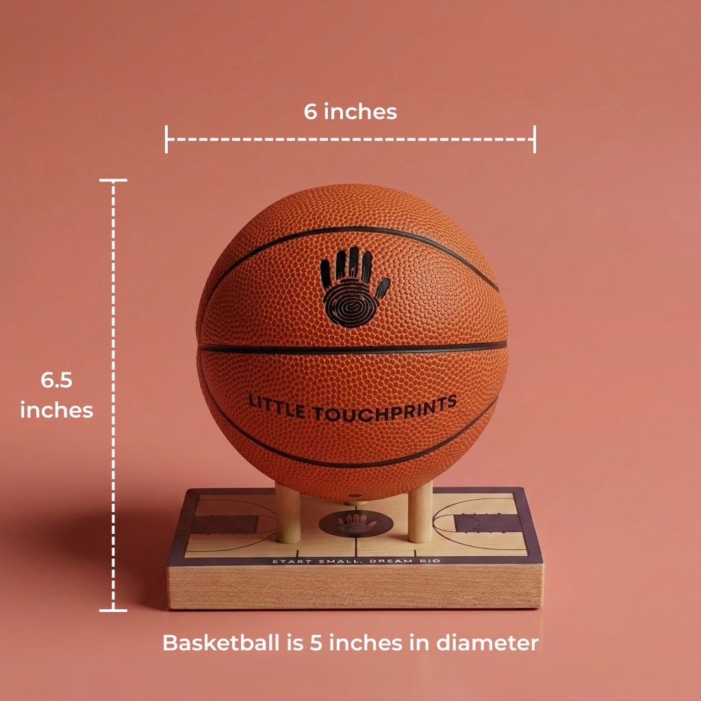 Baby handprint keepsake basketball mounted on maple display base