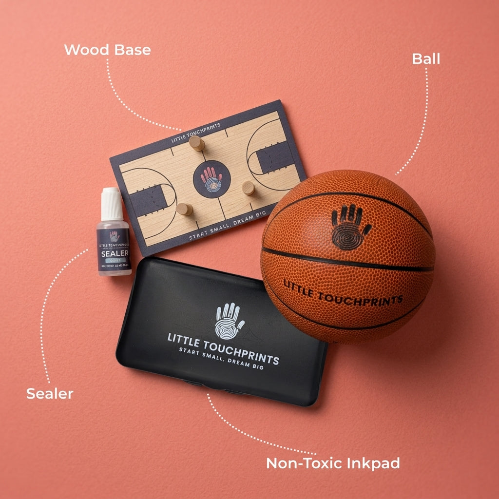 Little Touchprints kit contents including ink pad, alcohol wipe, brush-on sealant, and maple display base