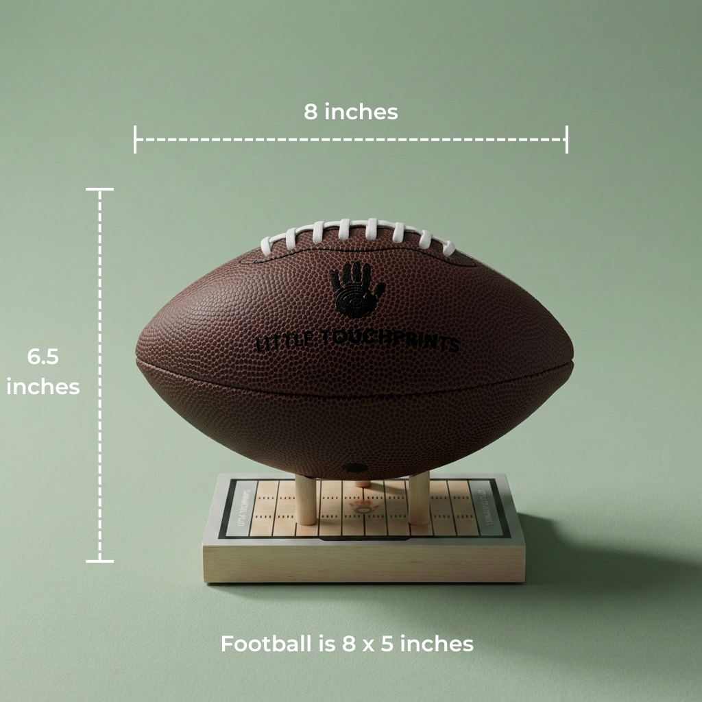 Handprint keepsake football mounted on maple display base
