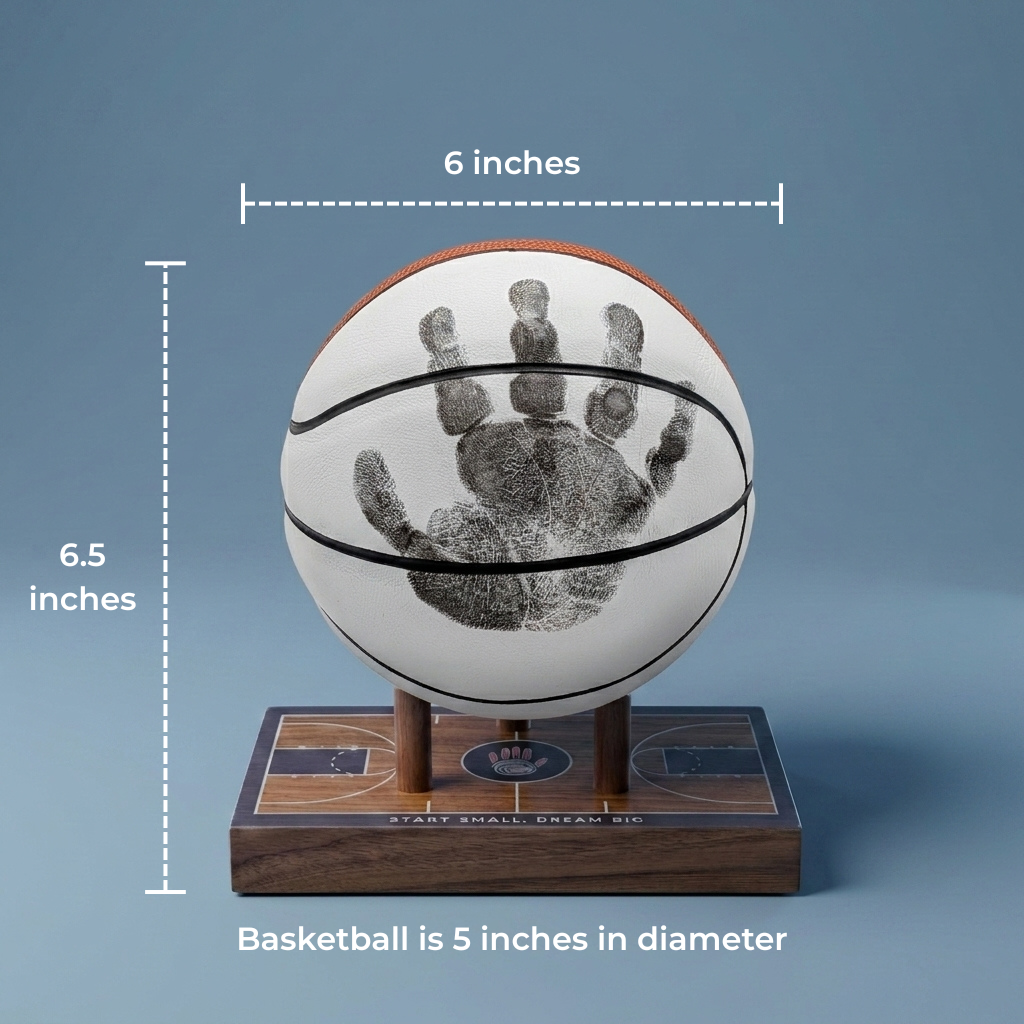 Handprint keepsake basketball mounted on walnut display base