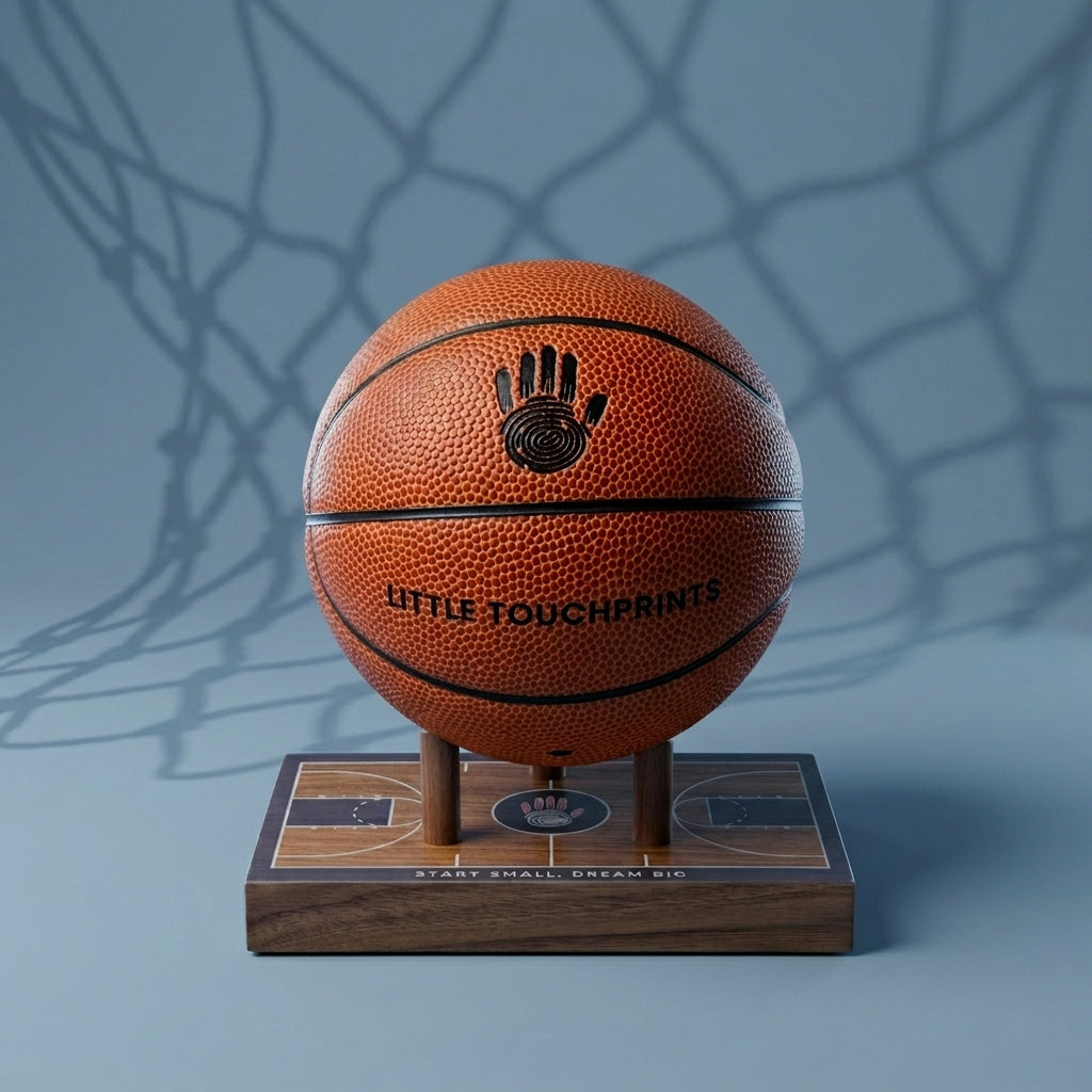 Basketball on a wooden stand with 'Little Touchprints' branding against a blue background